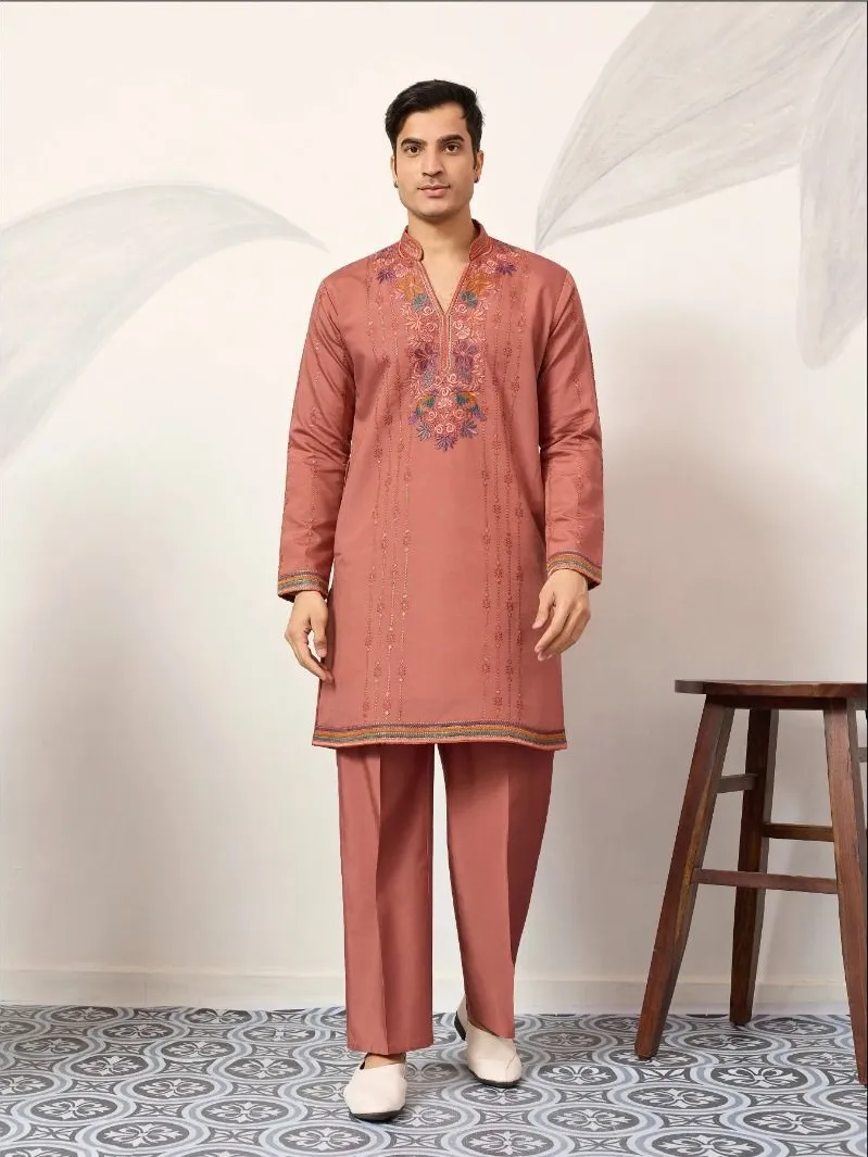 Pastel Orange Mens Embroidery Kurta Set