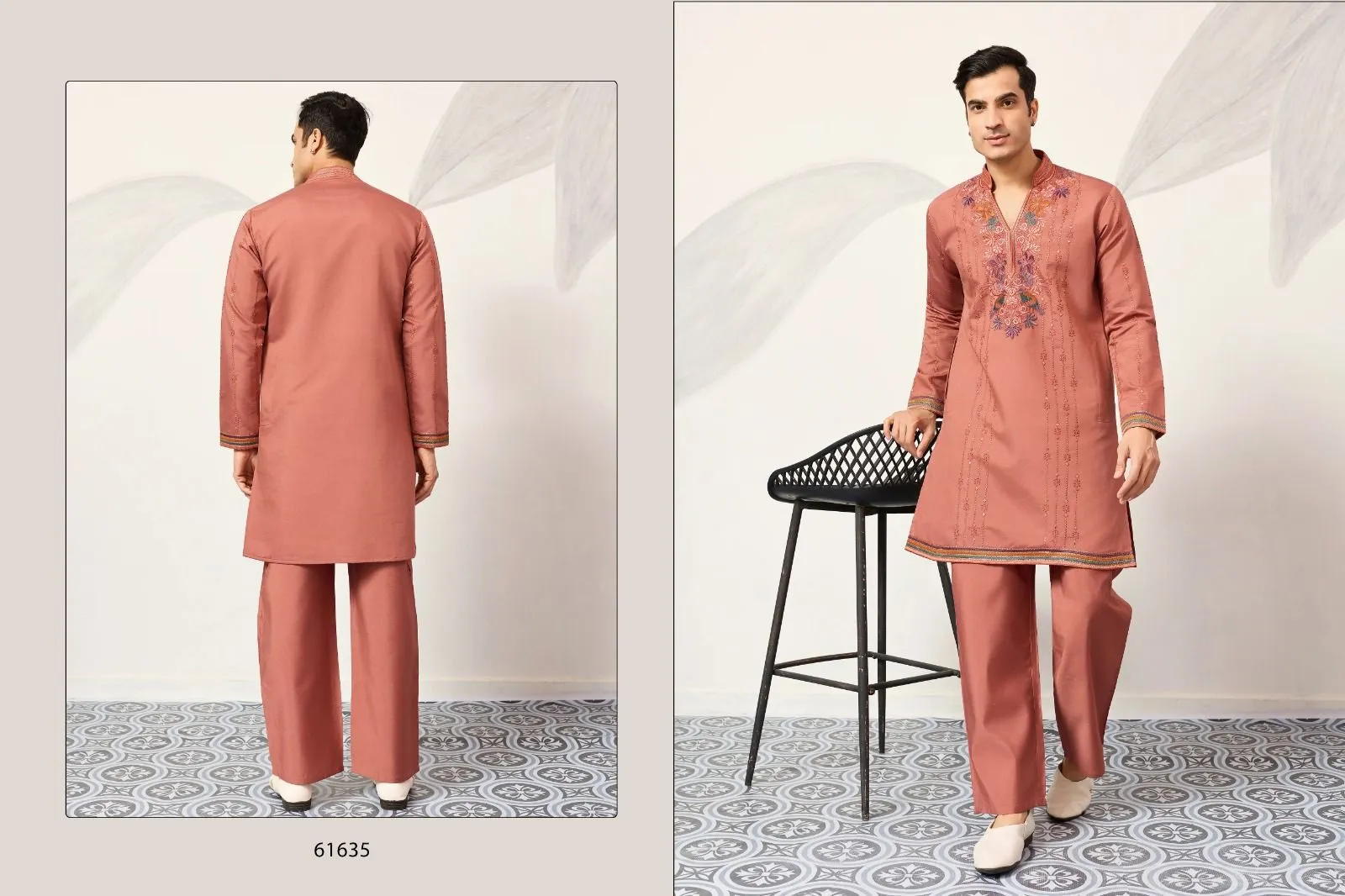 Pastel Orange Mens Embroidery Kurta Set