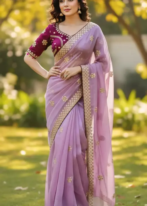 Pastel Purple Embroidery Saree with Readymade Blouse