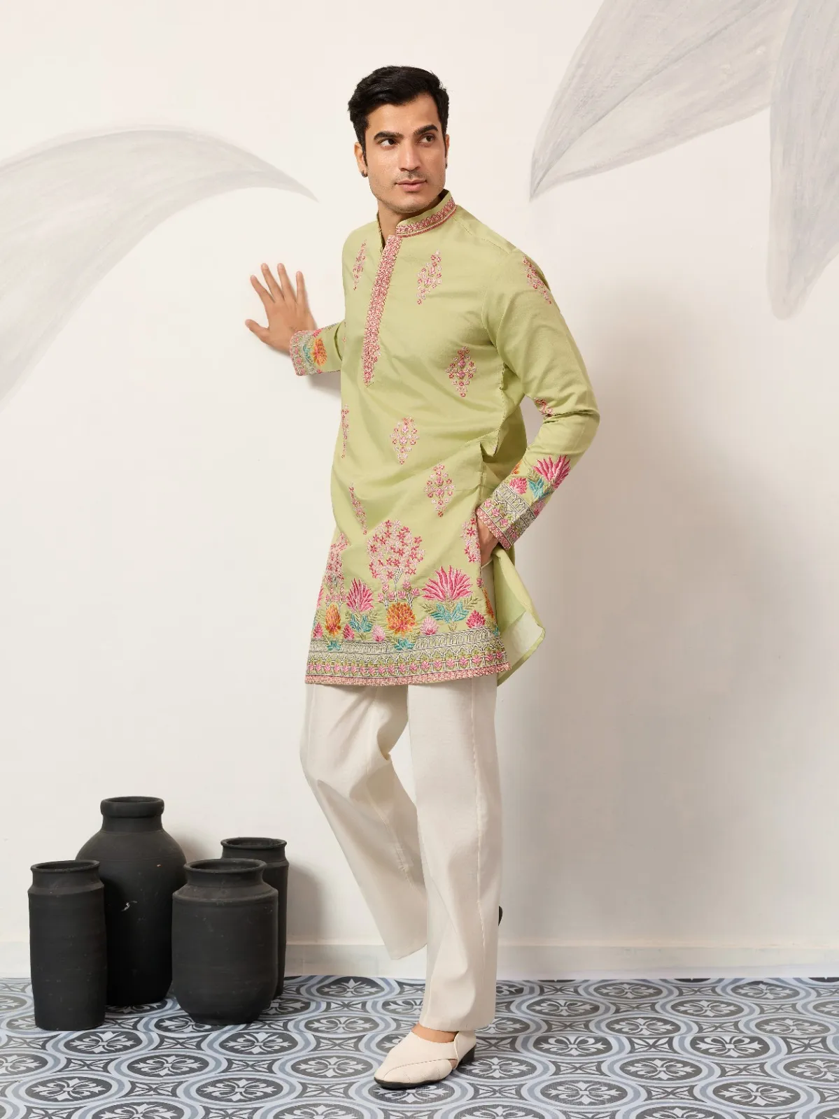 Lime Green Embroidery Men Kurta
