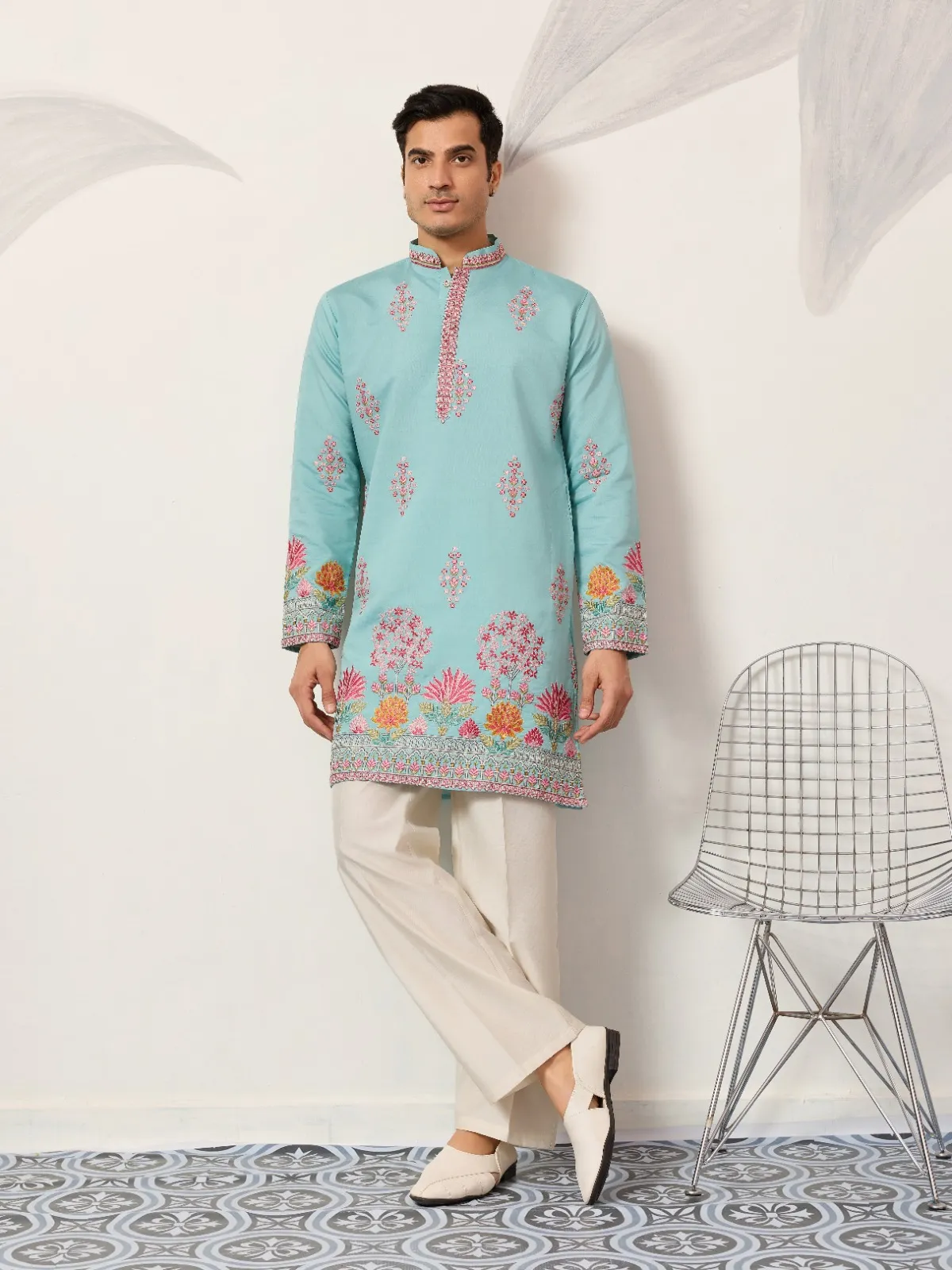 Pastel Sky Blue Men Embroidery Kurta