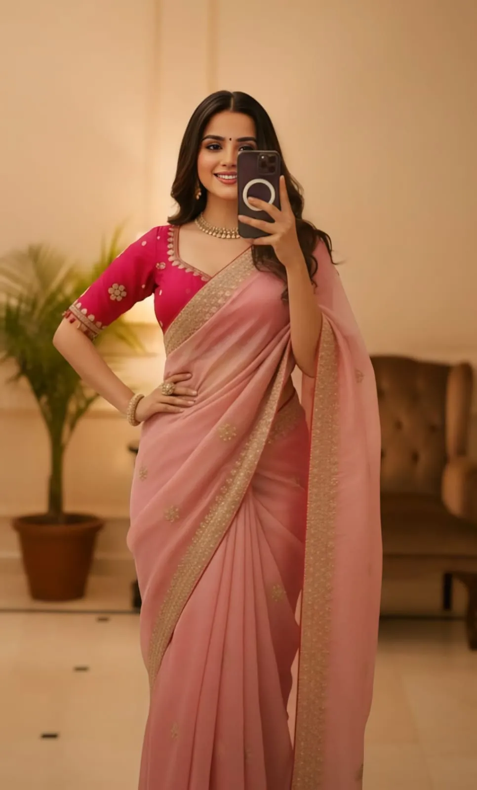 Pink Embroidery Saree with Readymade Blouse