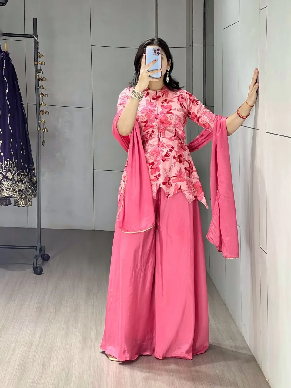 Pink Floral Embroidery Short Top with Plazzo Dress
