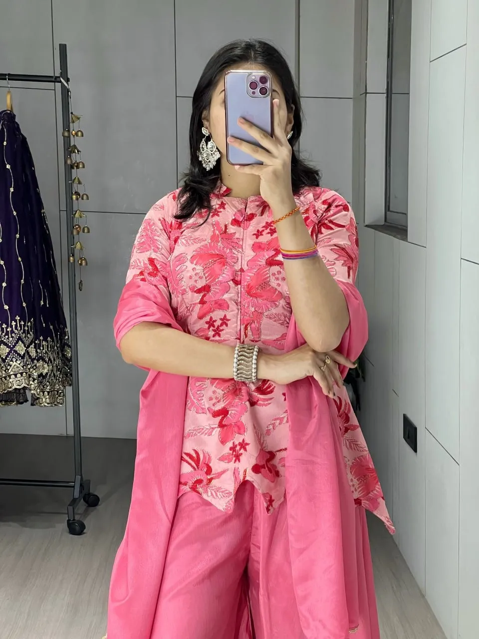 Pink Floral Embroidery Short Top with Plazzo Dress