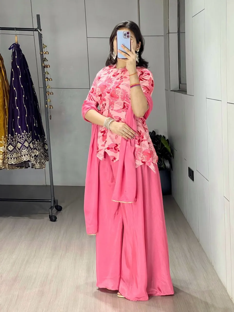 Pink Floral Embroidery Short Top with Plazzo Dress