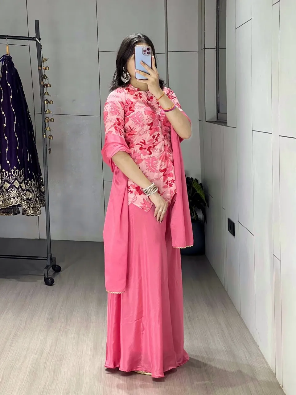 Pink Floral Embroidery Short Top with Plazzo Dress
