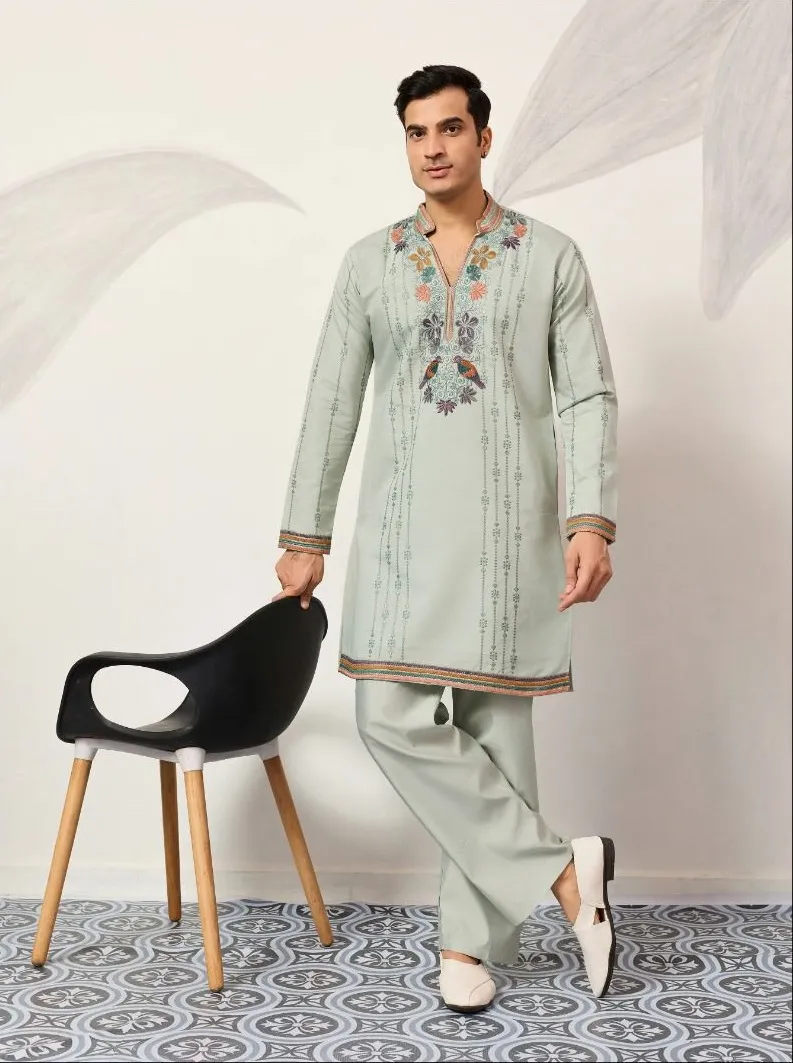 Pista Color Mens Embroidery Kurta Set for Sangeet