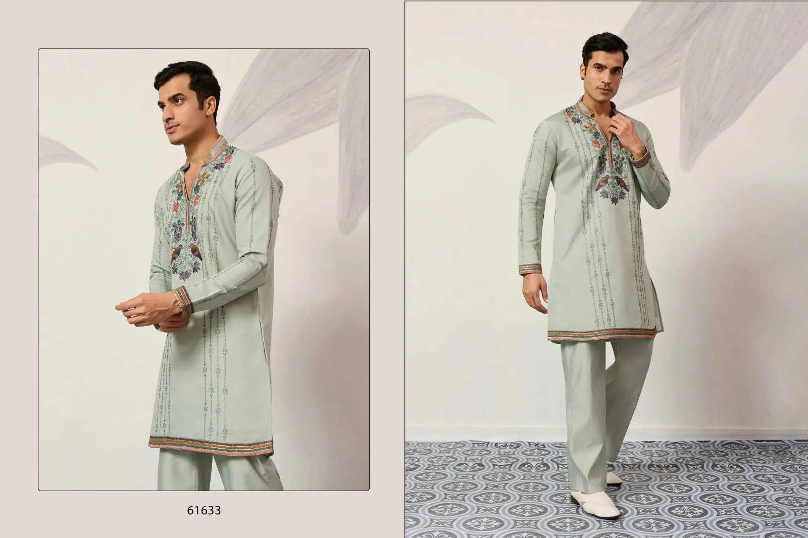 Pista Color Mens Embroidery Kurta Set for Sangeet