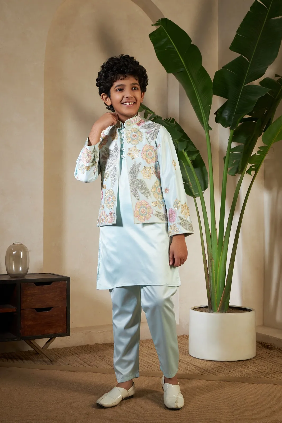 Pista Color small boys wedding kurta with koti