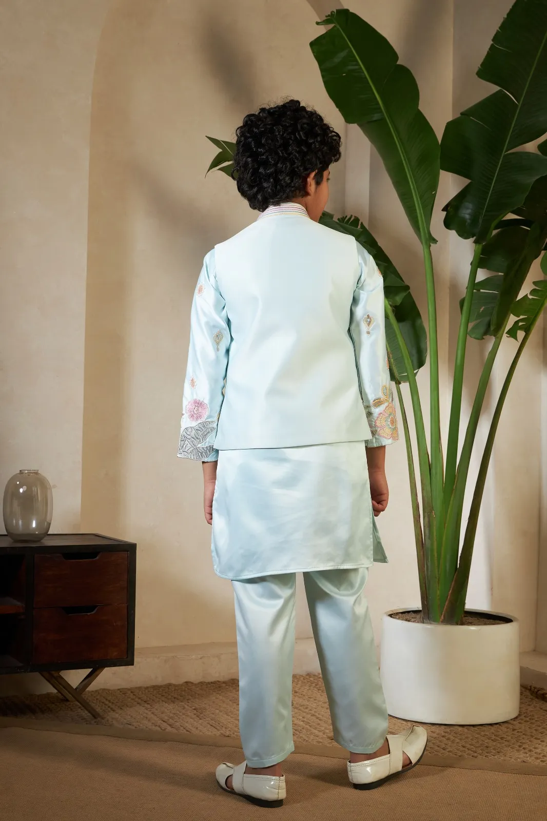 Pista Color small boys wedding kurta with koti