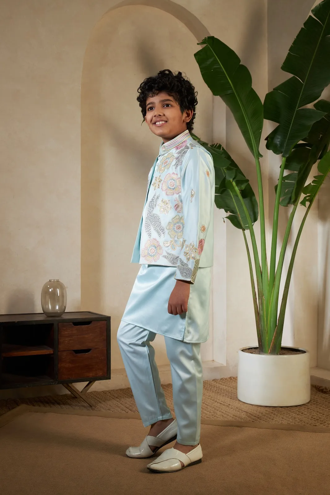 Pista Color small boys wedding kurta with koti