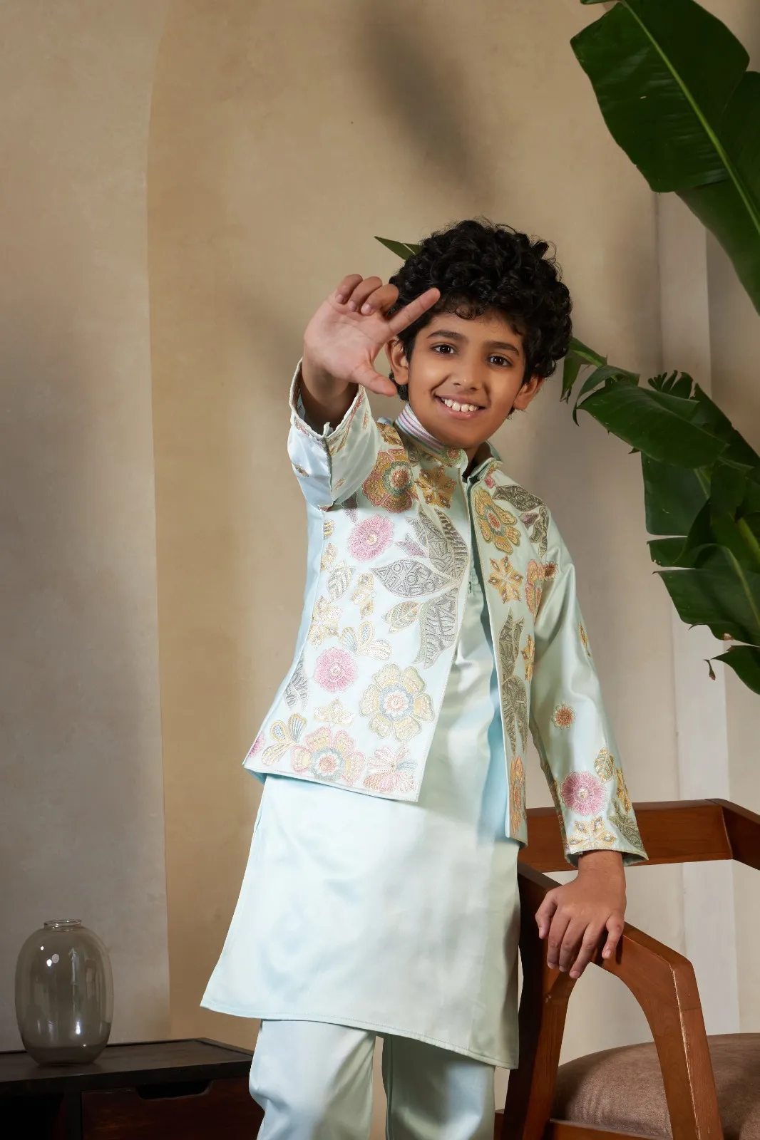 Pista Color small boys wedding kurta with koti