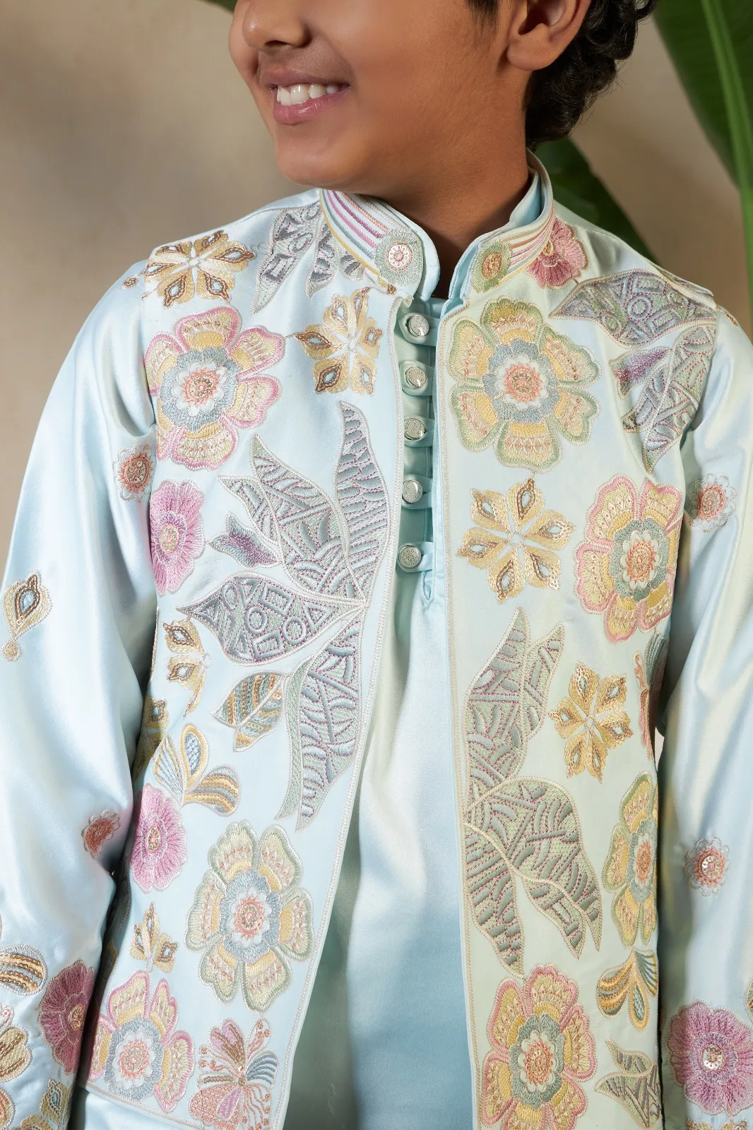 Pista Color small boys wedding kurta with koti