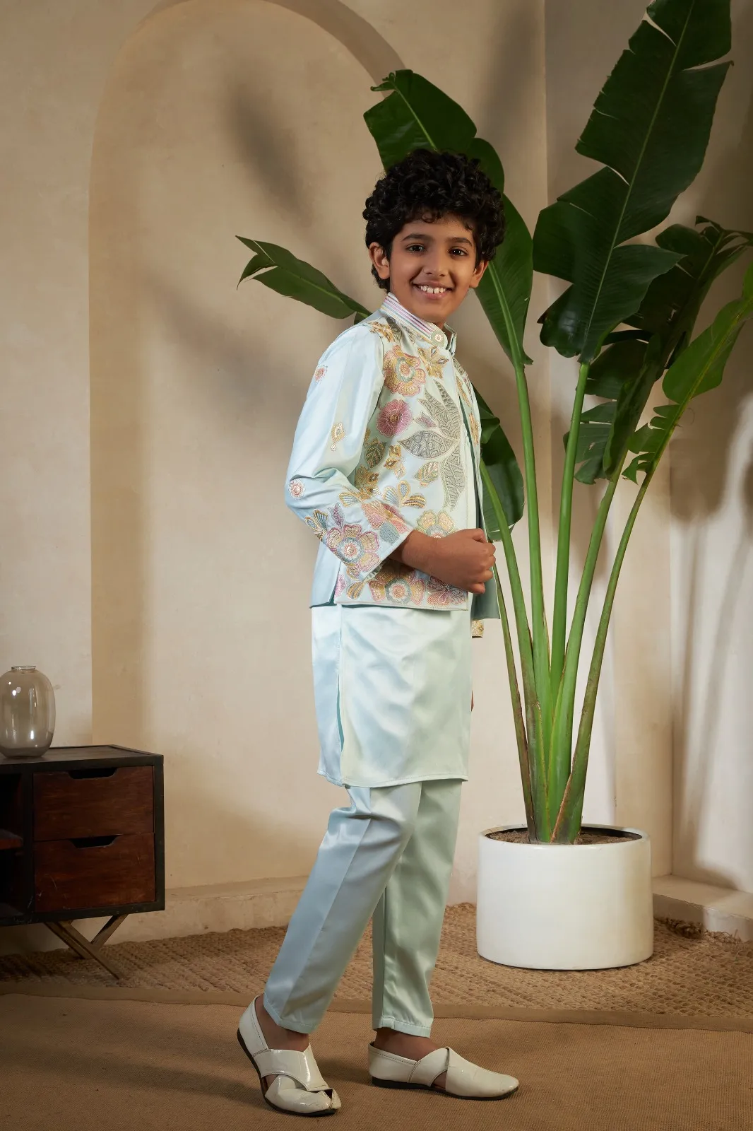 Pista Color small boys wedding kurta with koti