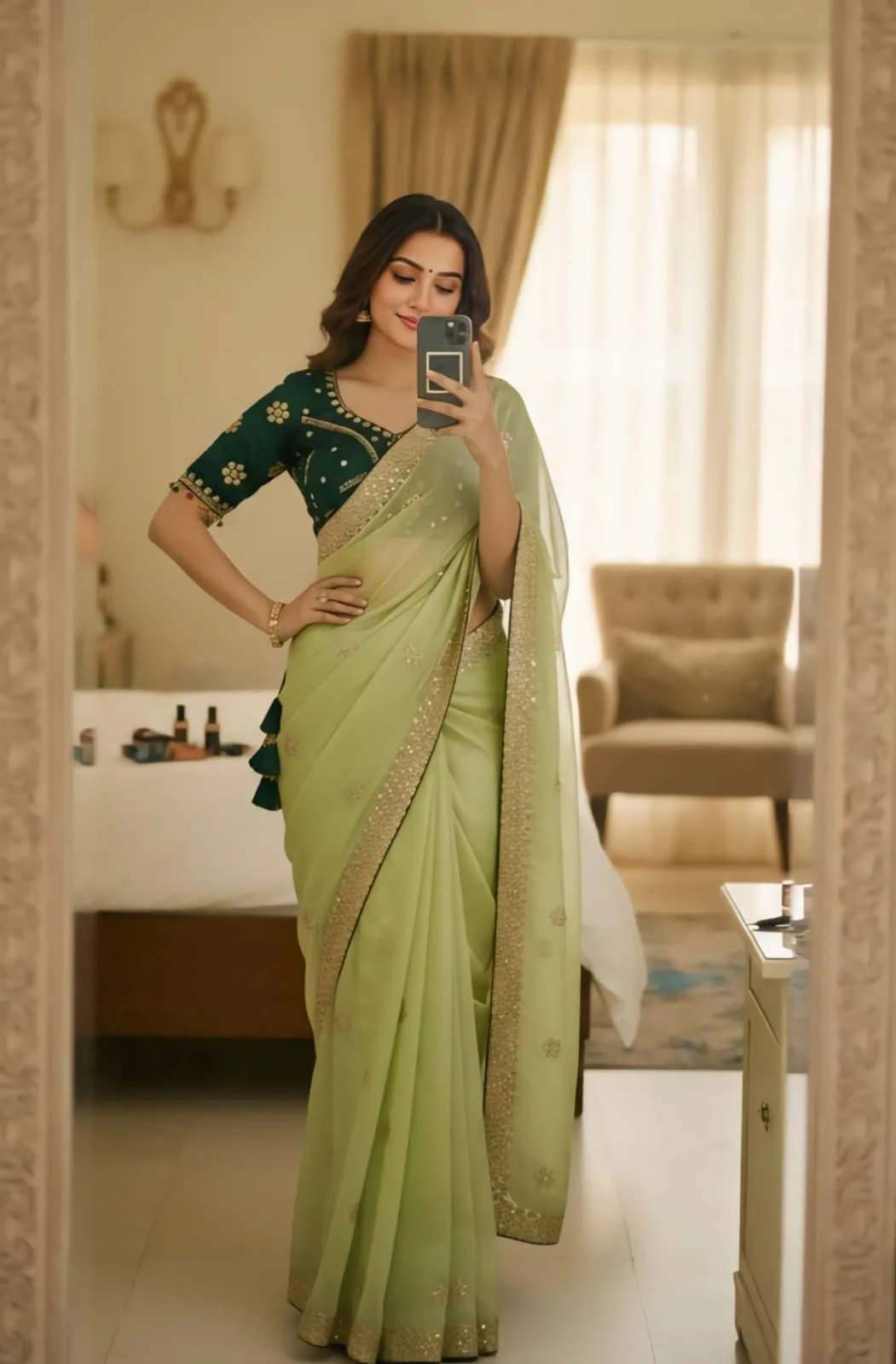 Pista Green Embroidery Saree with Readymade Blouse
