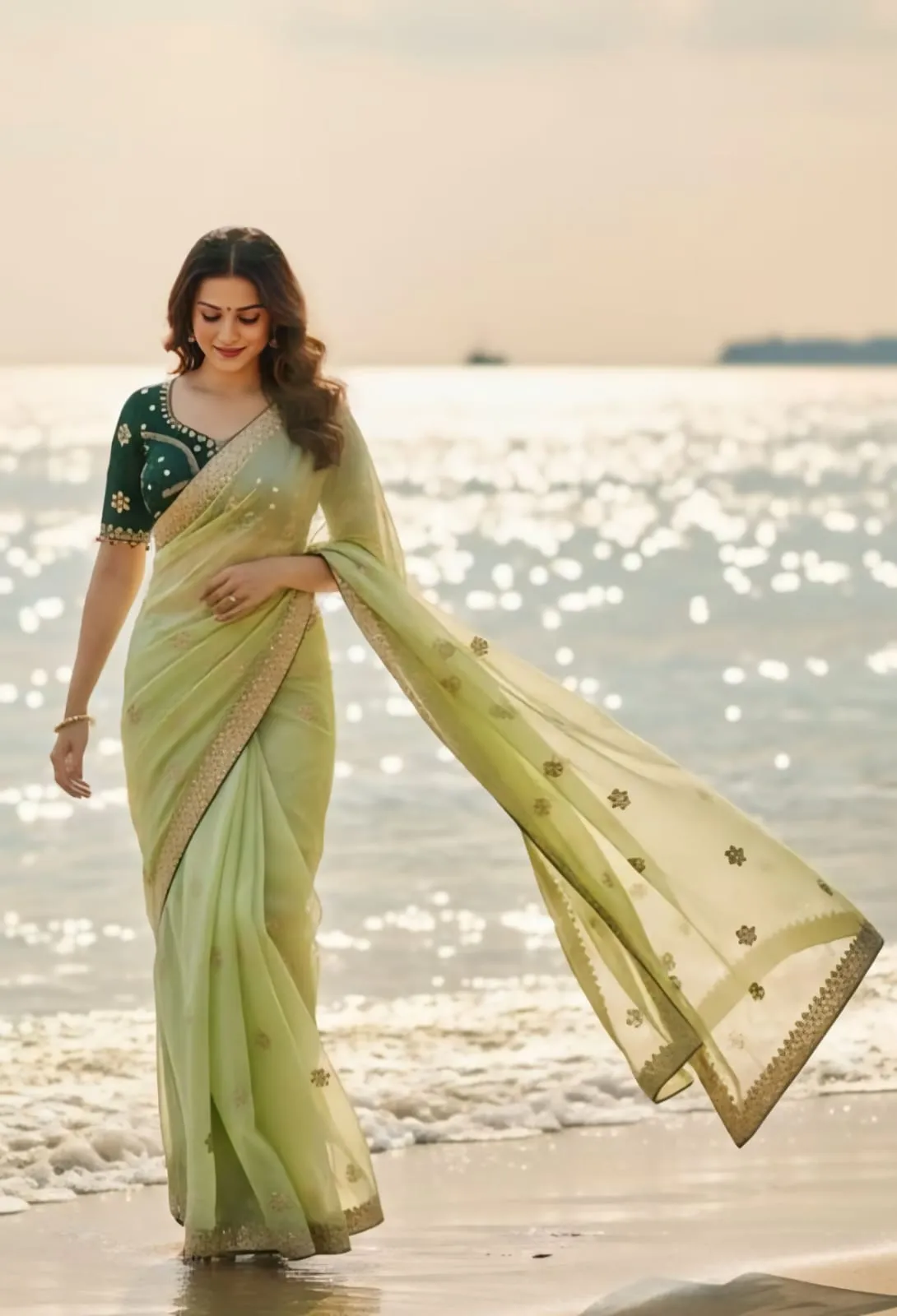 Pista Green Embroidery Saree with Readymade Blouse