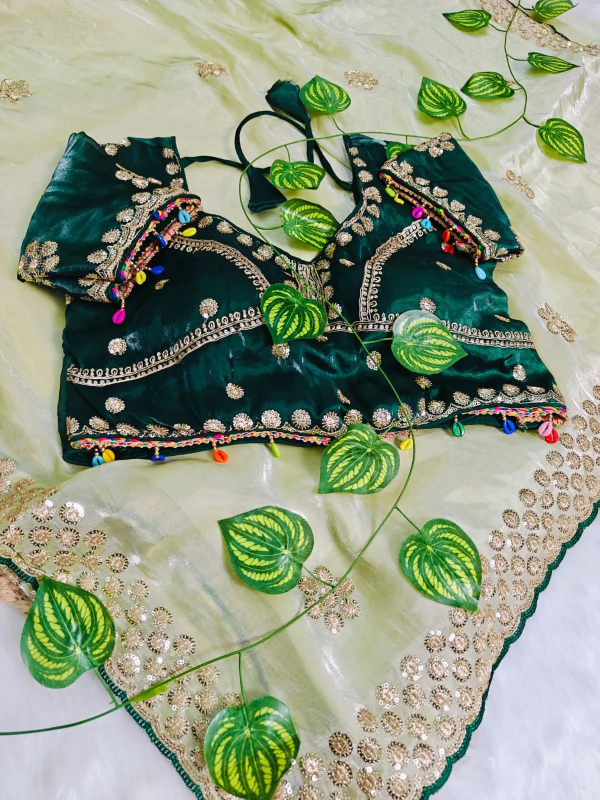 Pista Green Embroidery Saree with Readymade Blouse