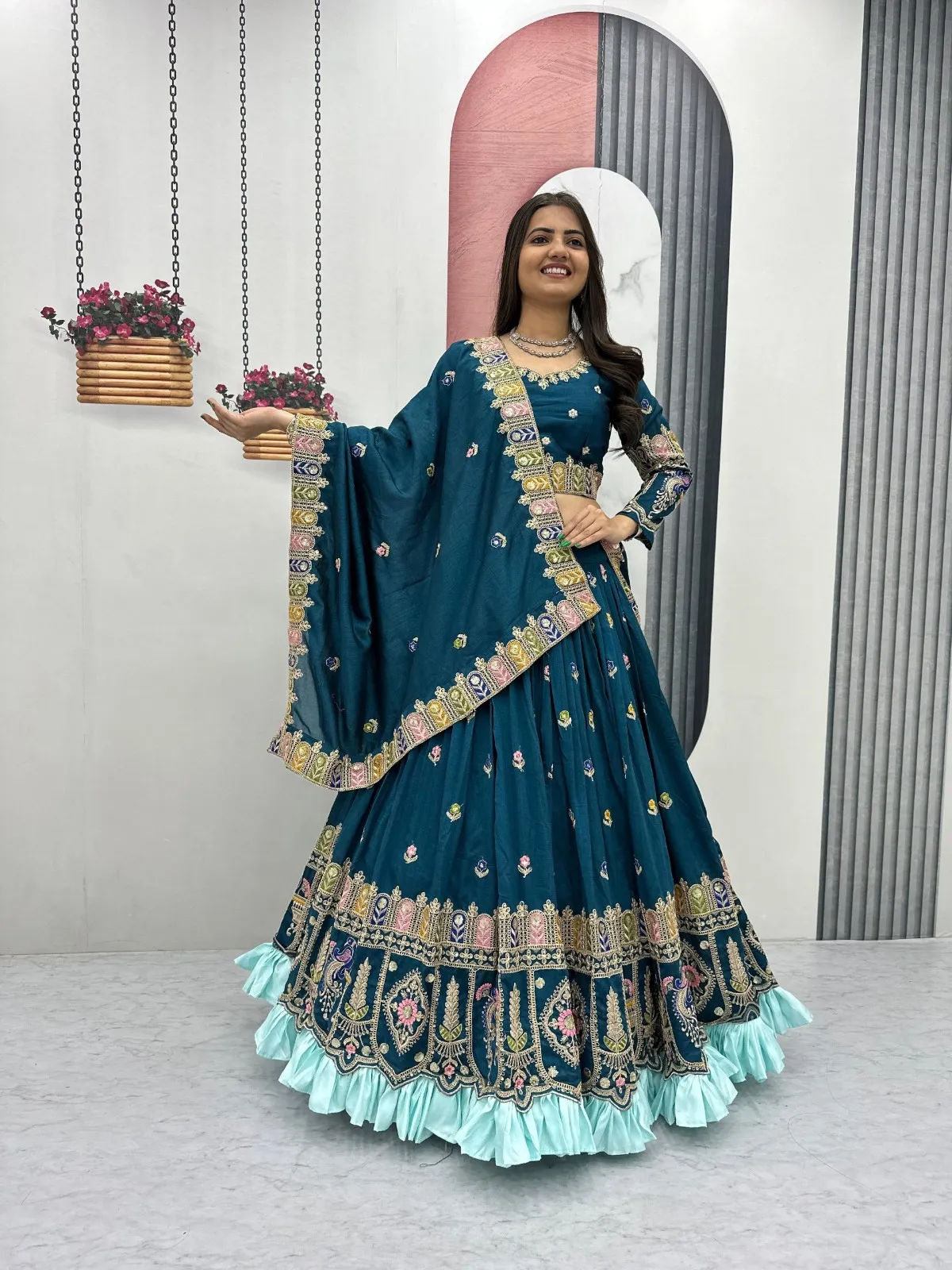 Teal Color Wedding Guest Readymade Lehenga