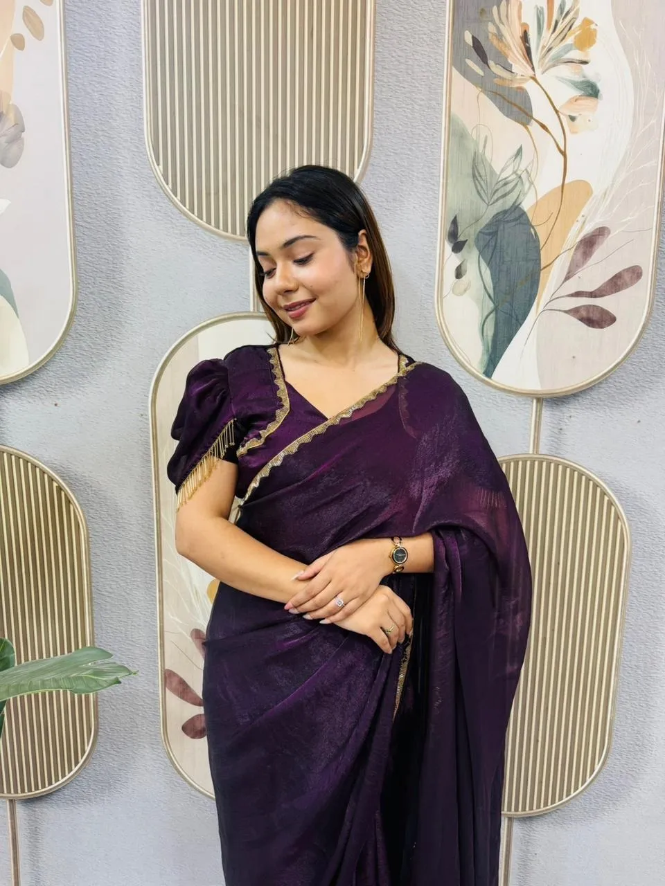 Purple Color Zip and go Saree with Beads