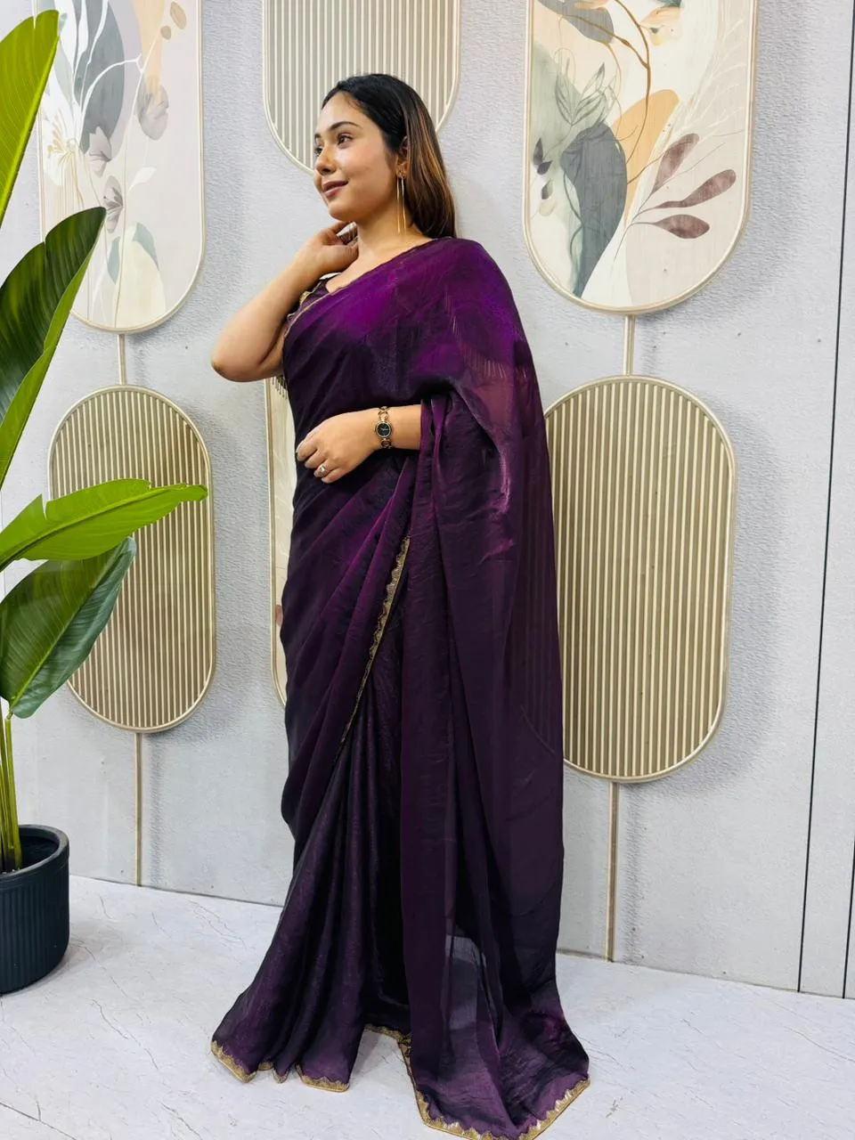 Purple Color Zip and go Saree with Beads