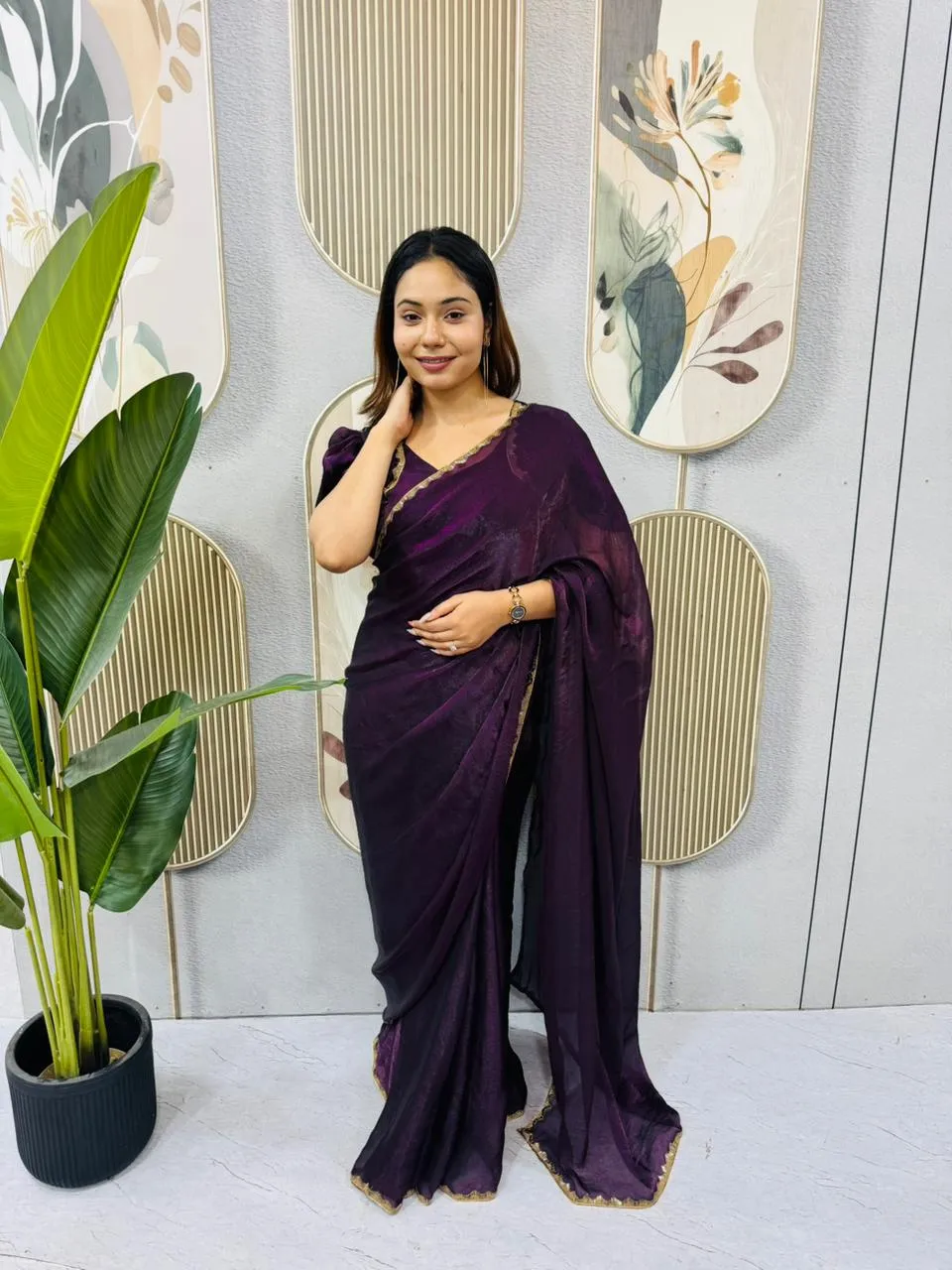 Purple Color Zip and go Saree with Beads