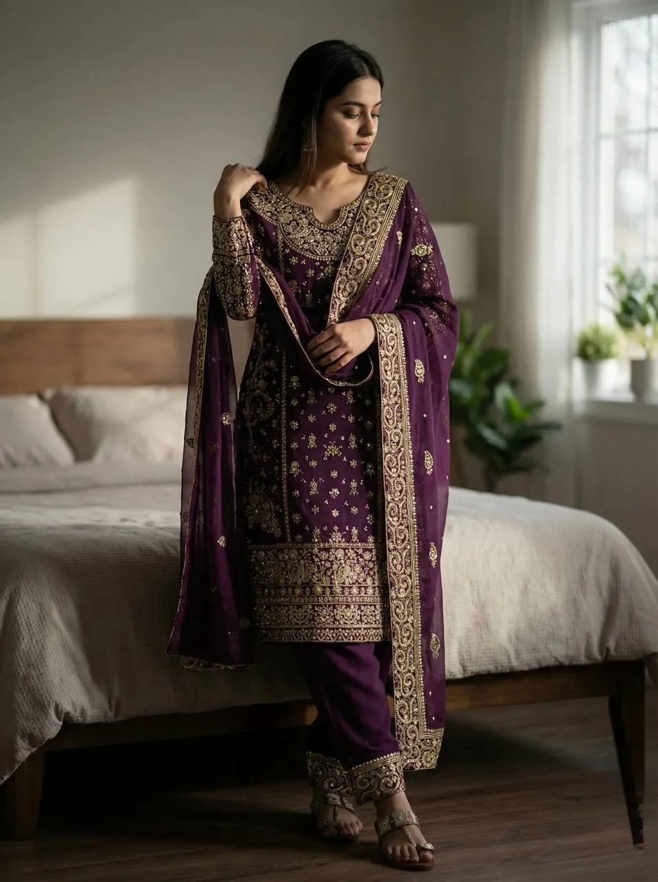 Purple Readymade Pakistani Long Suits for Women