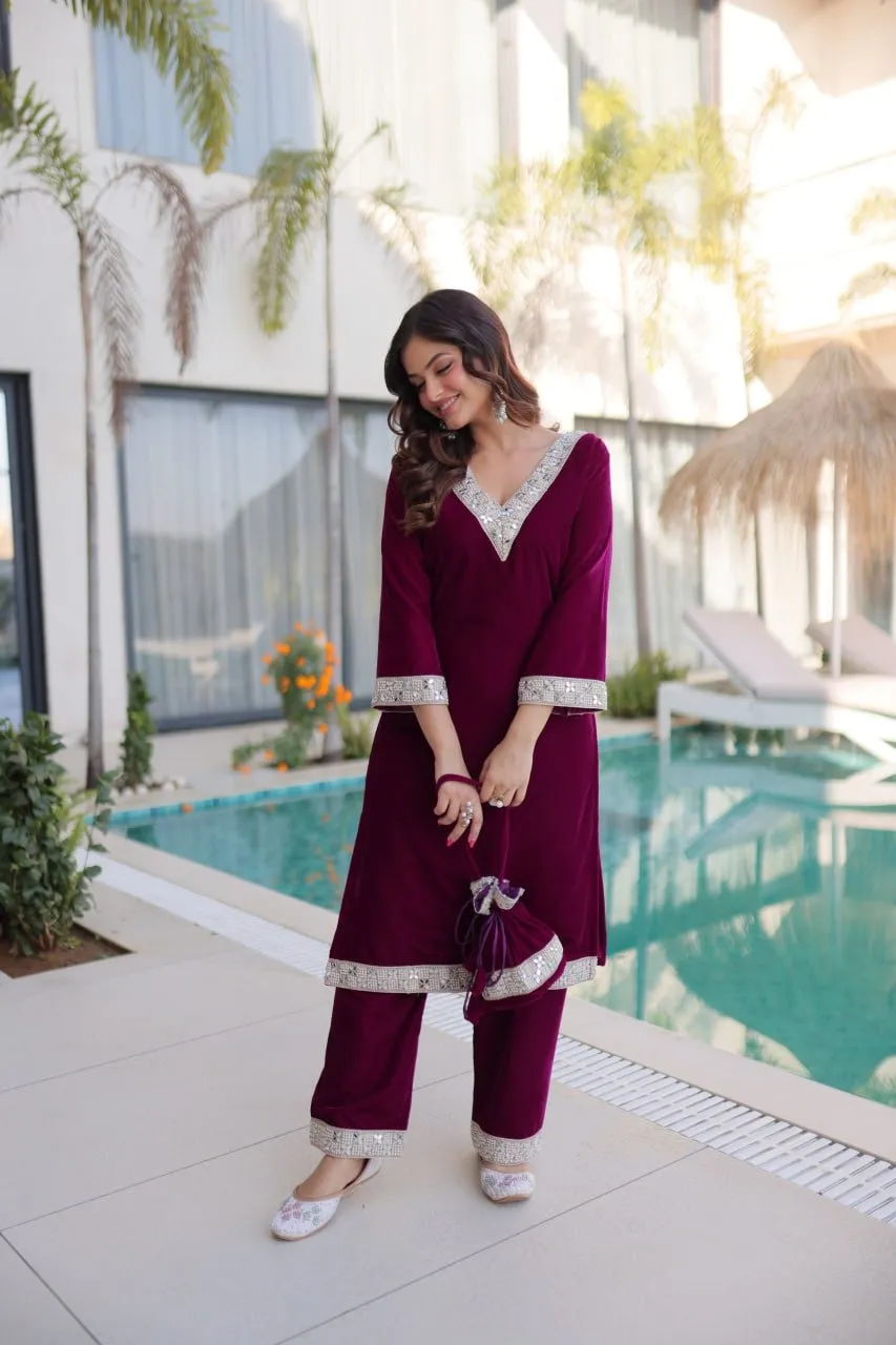 Purple Velvet Pakistani Style Kurti Set