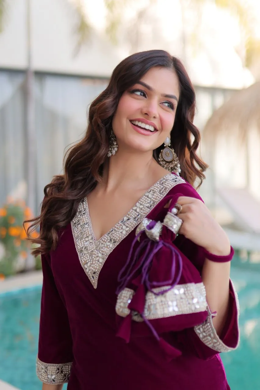 Purple Velvet Pakistani Style Kurti Set