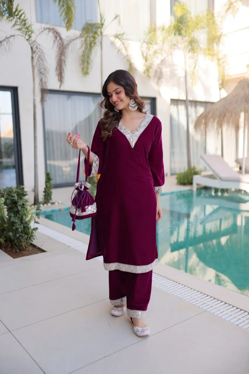 Purple Velvet Pakistani Style Kurti Set