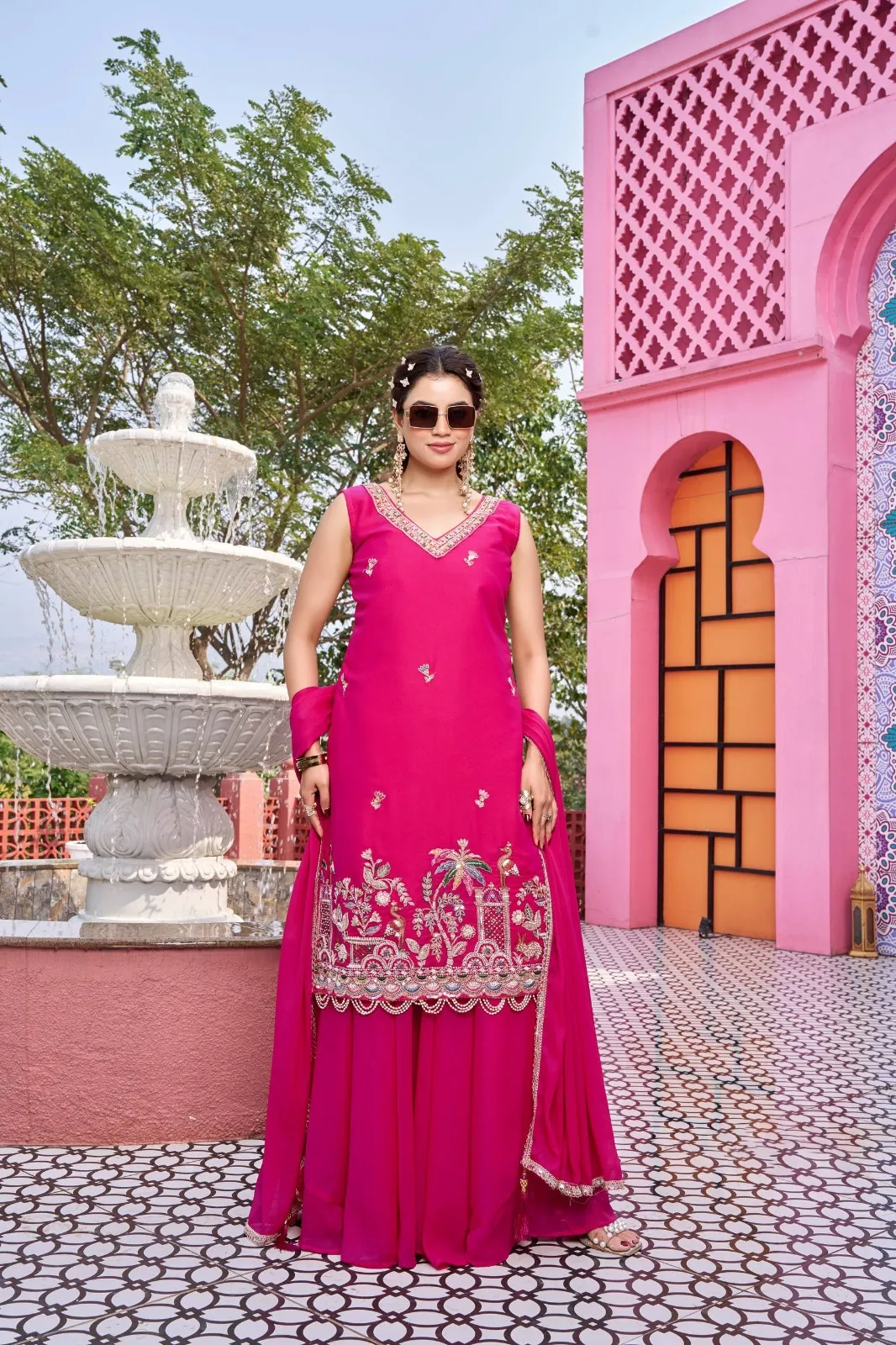 Rani Color Reception Special Beads Work Kurti Set