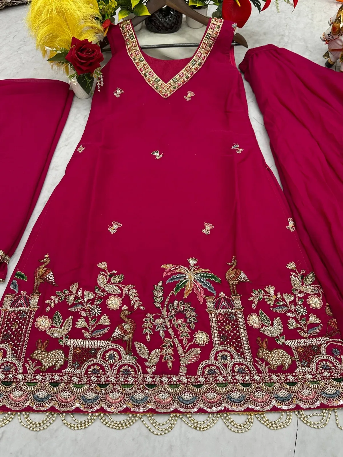 Rani Color Reception Special Beads Work Kurti Set