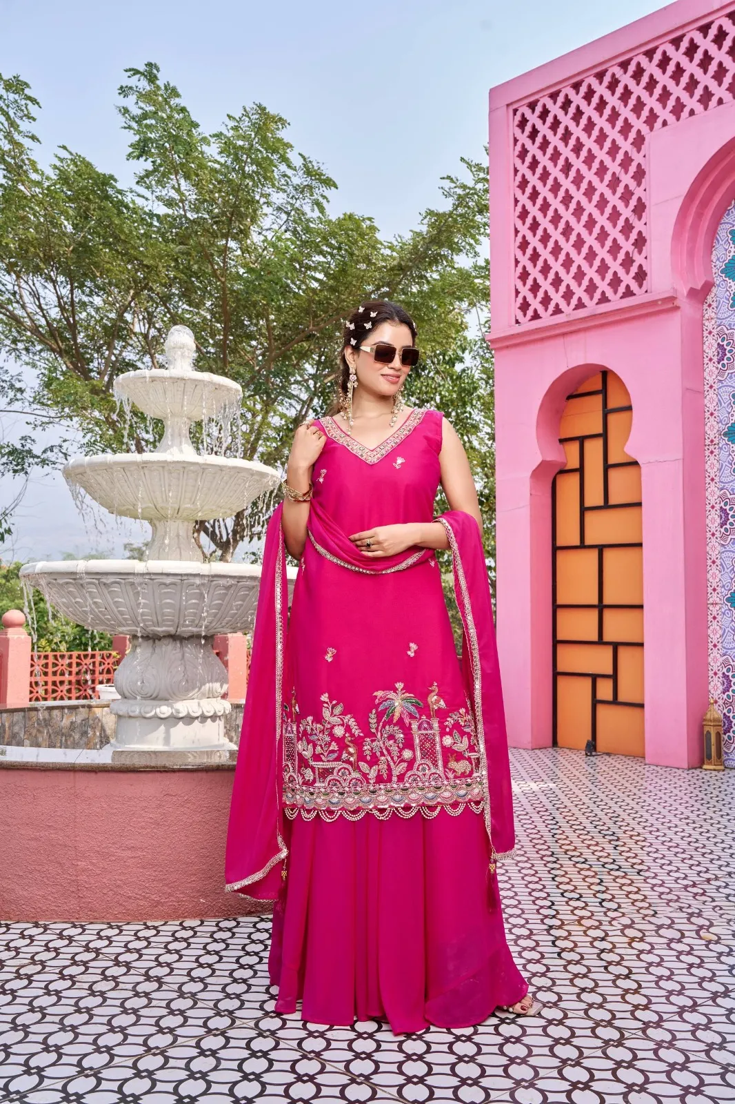 Rani Color Reception Special Beads Work Kurti Set