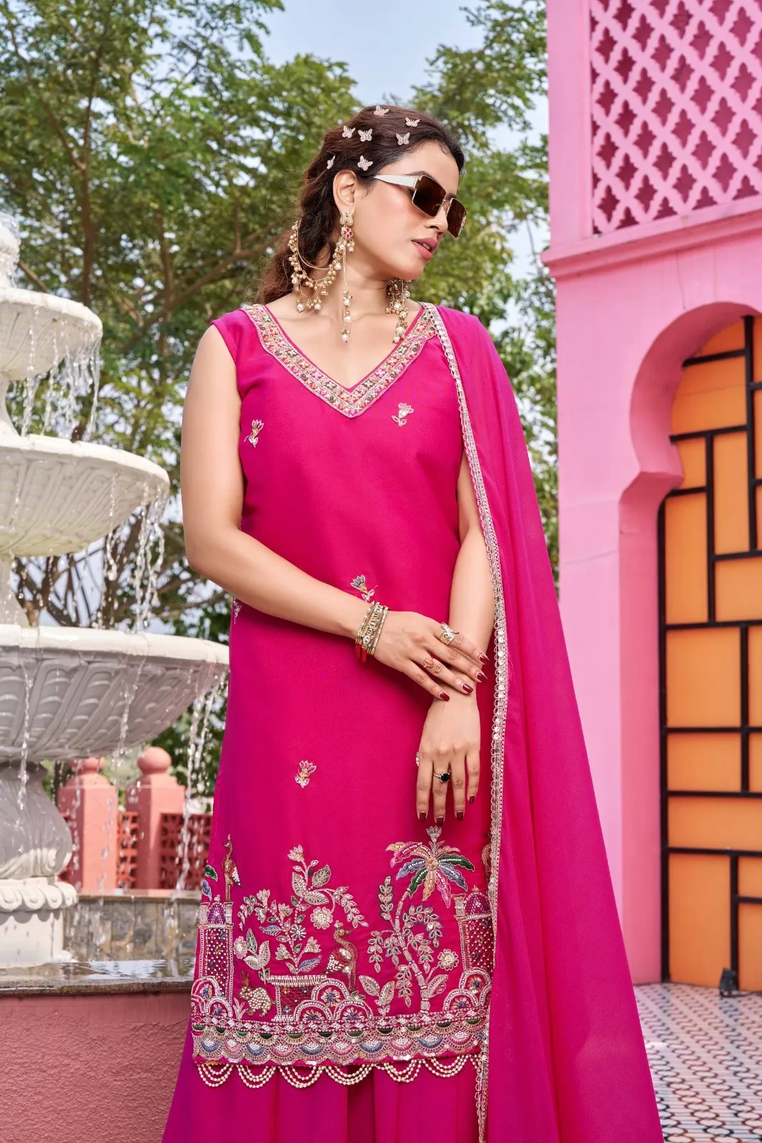 Rani Color Reception Special Beads Work Kurti Set