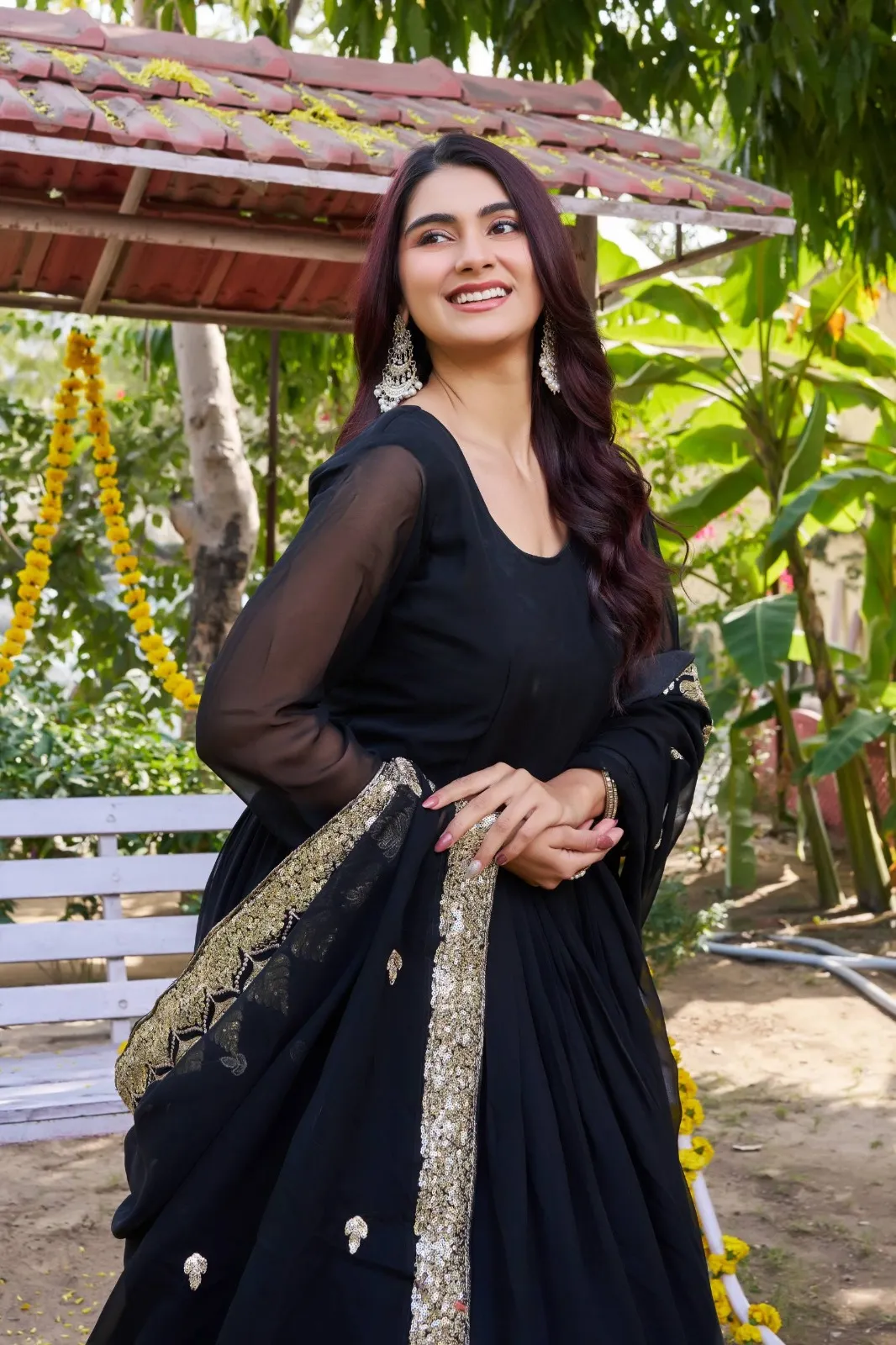 Black Gown with Sequence Big Border | Readymade Gown