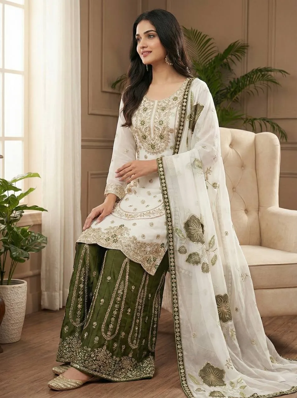 Readymade Pakistani Flared plazzo kurta Set mehendi