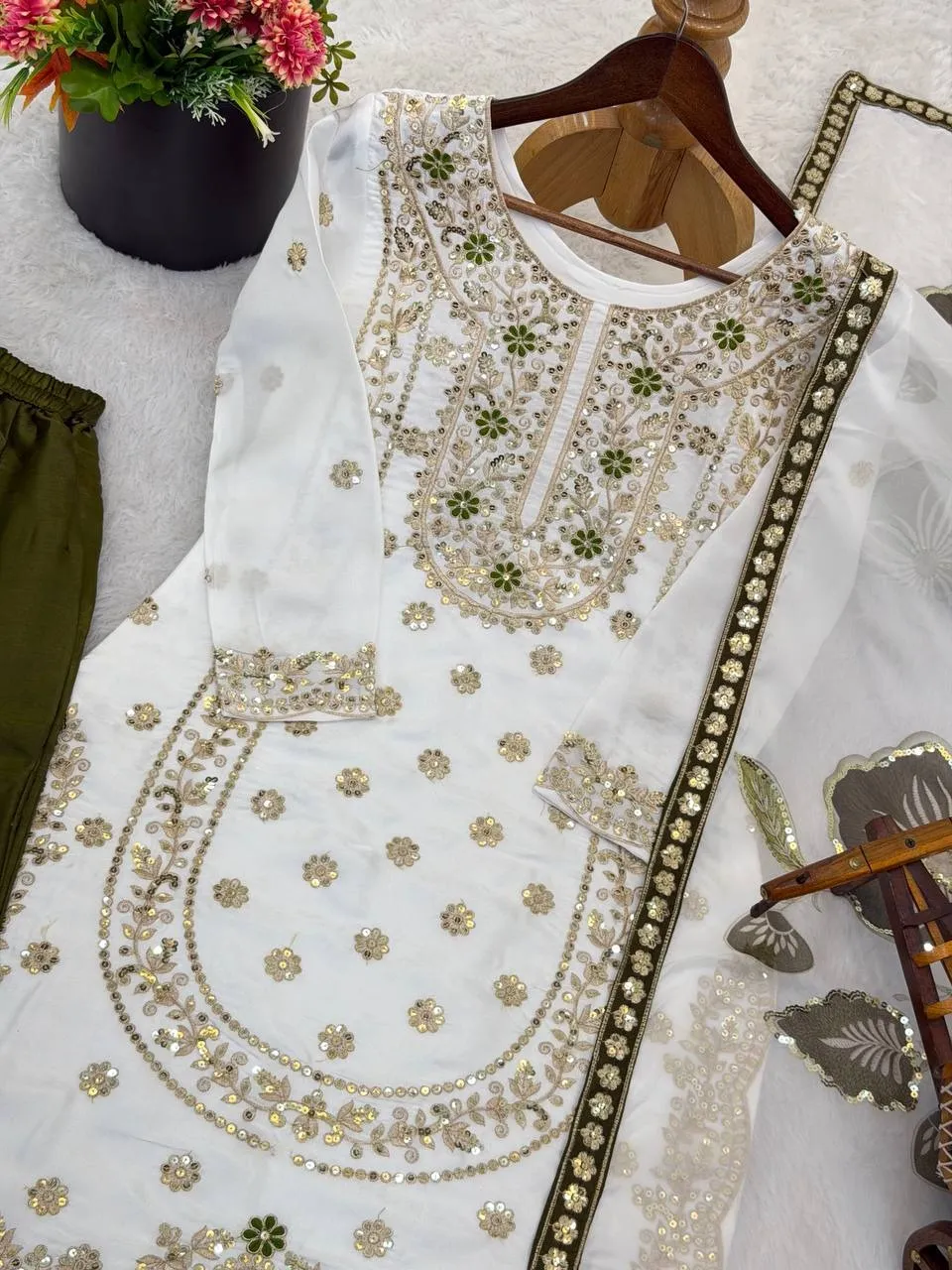 Readymade Pakistani Flared plazzo kurta Set mehendi