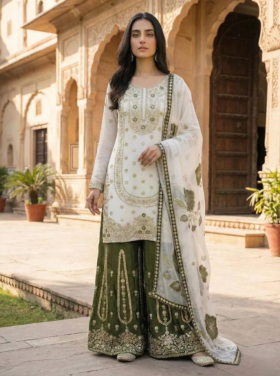 Readymade Pakistani Flared plazzo kurta Set mehendi