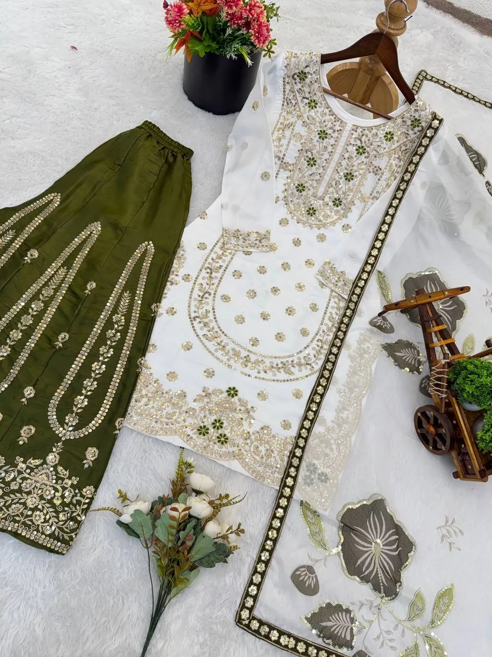 Readymade Pakistani Flared plazzo kurta Set mehendi