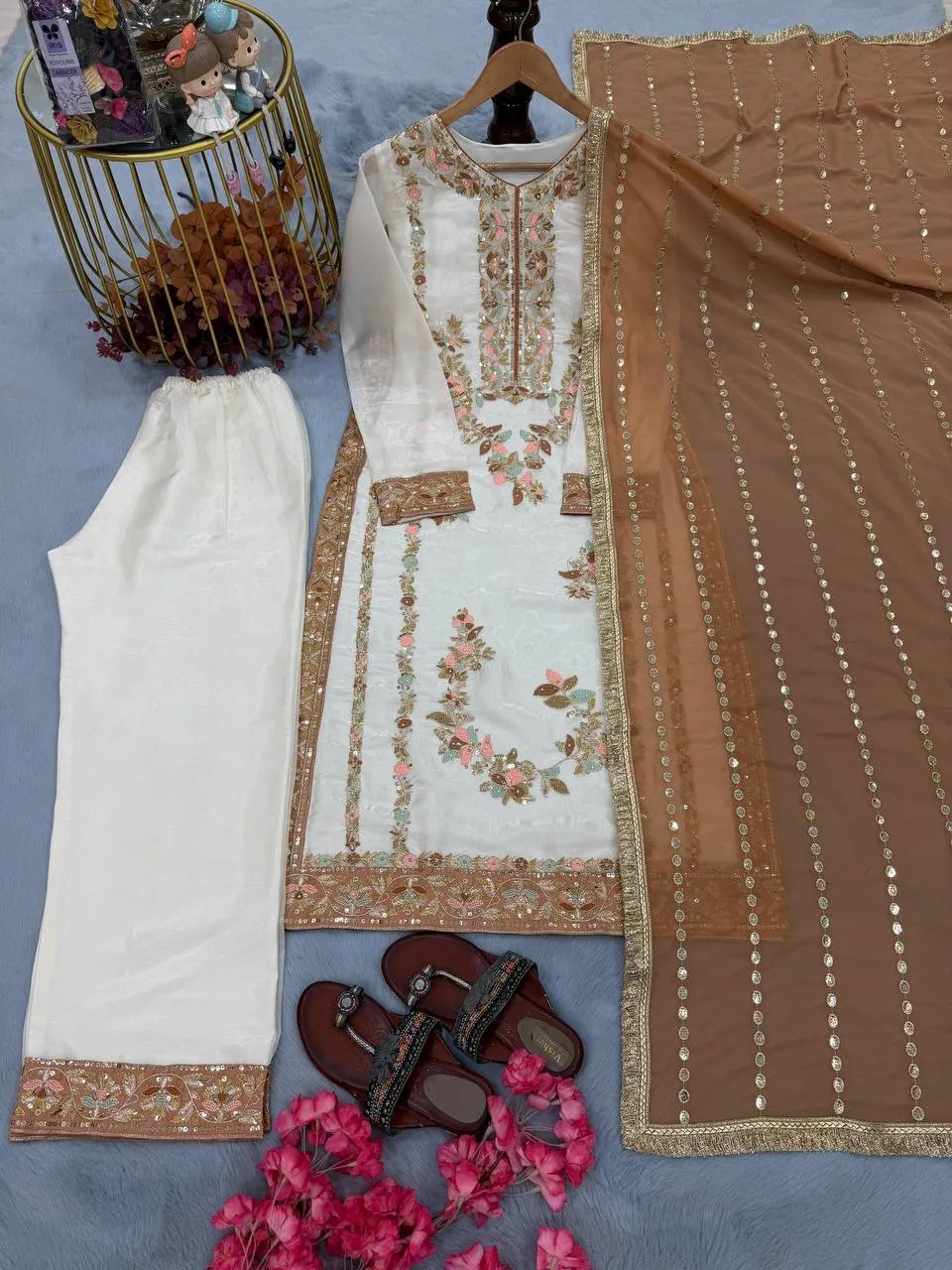 Readymade Pakistani Straight Salwar Suit Chiku