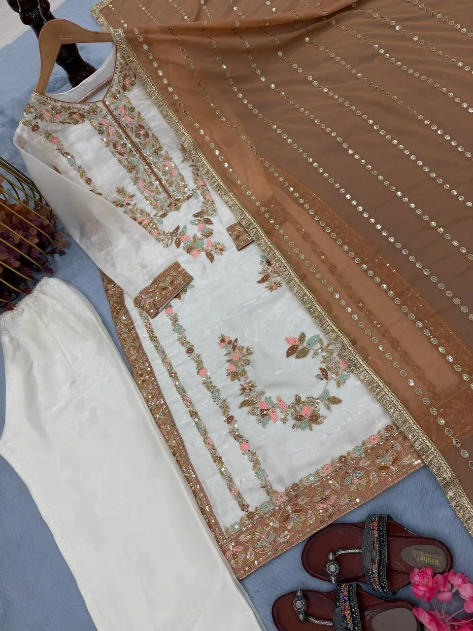 Readymade Pakistani Straight Salwar Suit Chiku