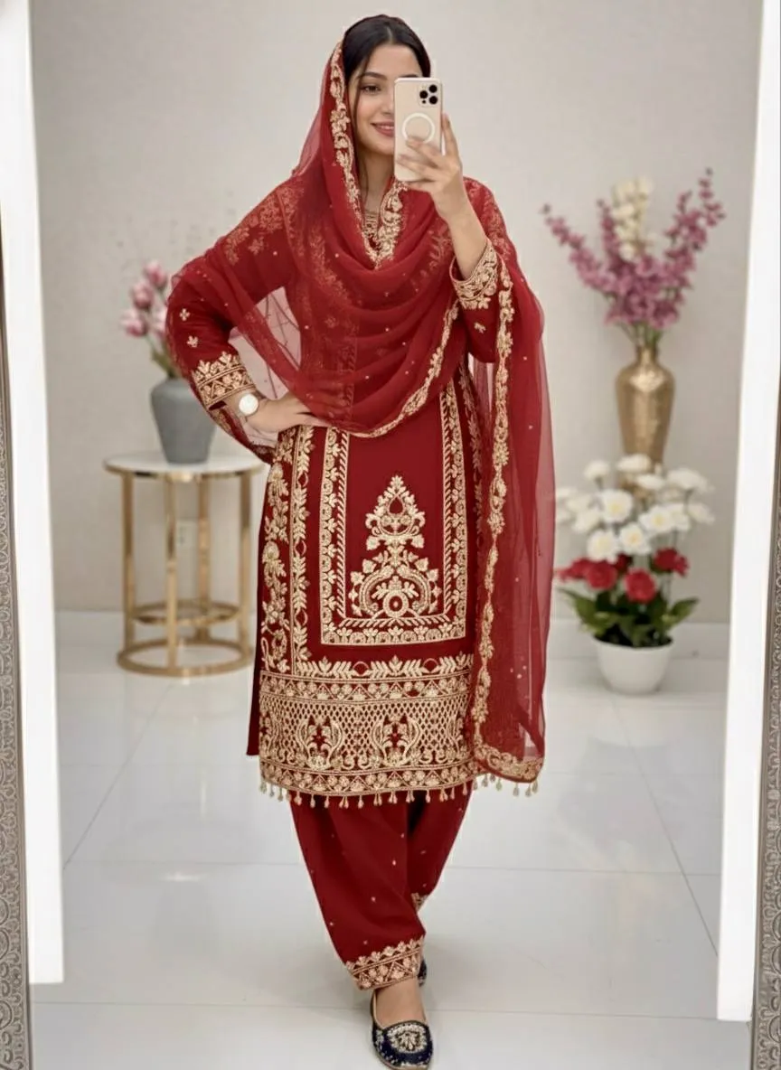 Readymade Suits Red Embroidery Dress