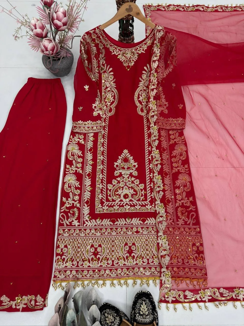 Readymade Suits Red Embroidery Dress
