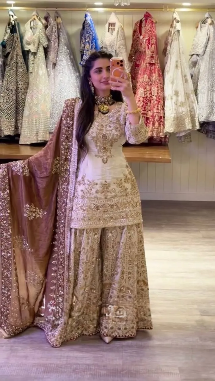 Readymade White Pakistani Sharara with Golden Embroidery