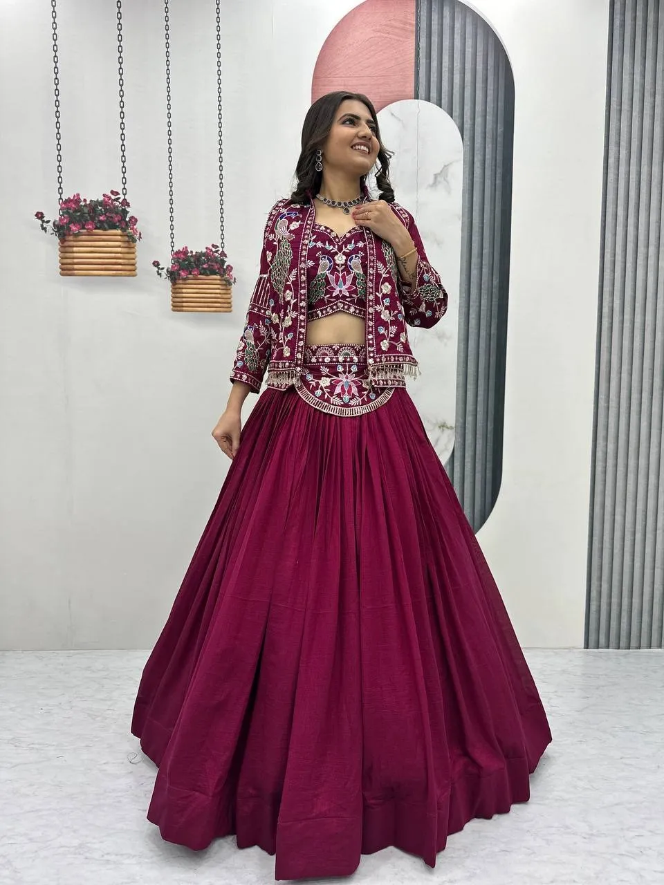 Red Color Jacket Lehenga Blouse Readymade