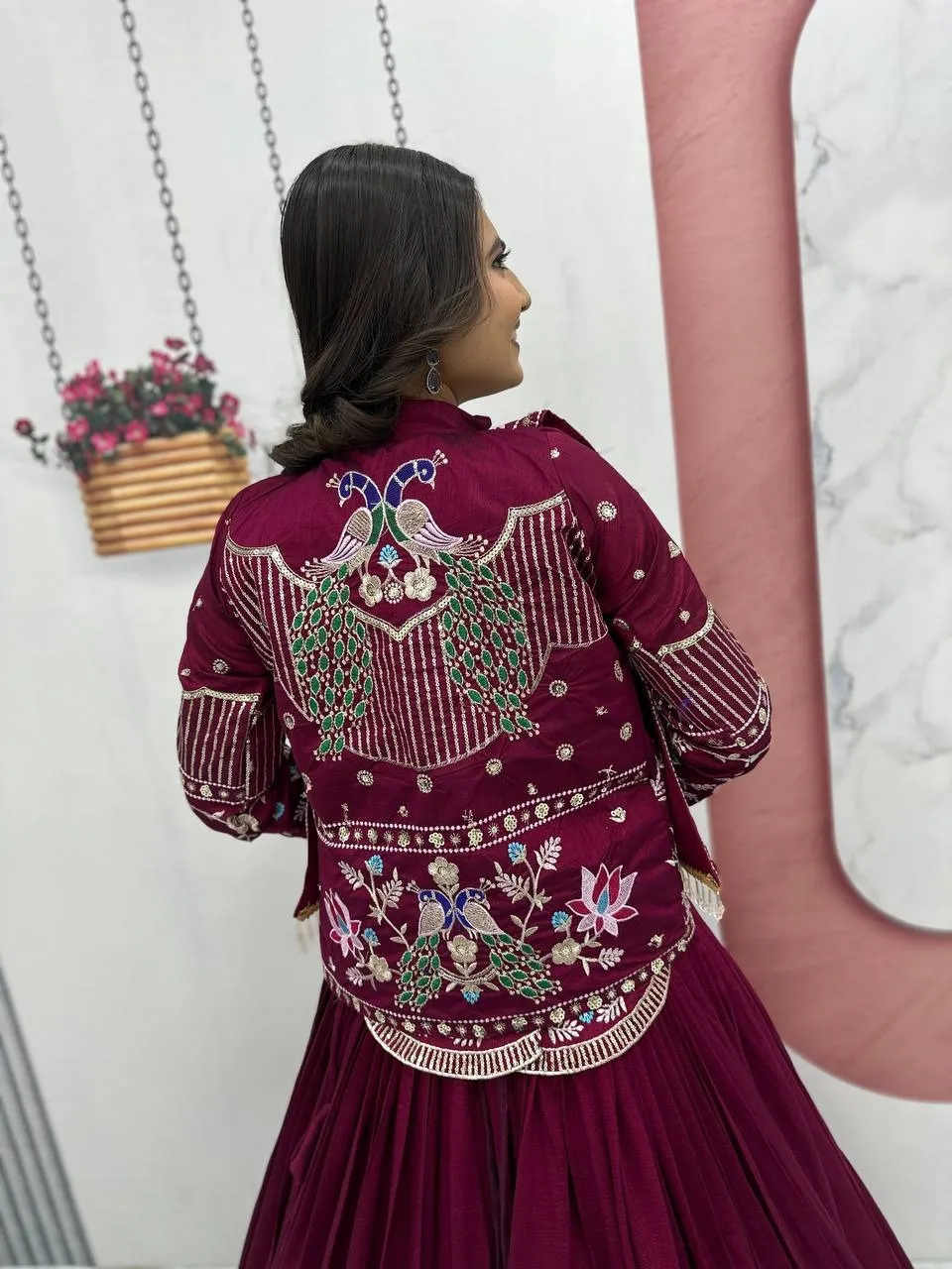 Red Color Jacket Lehenga Blouse Readymade