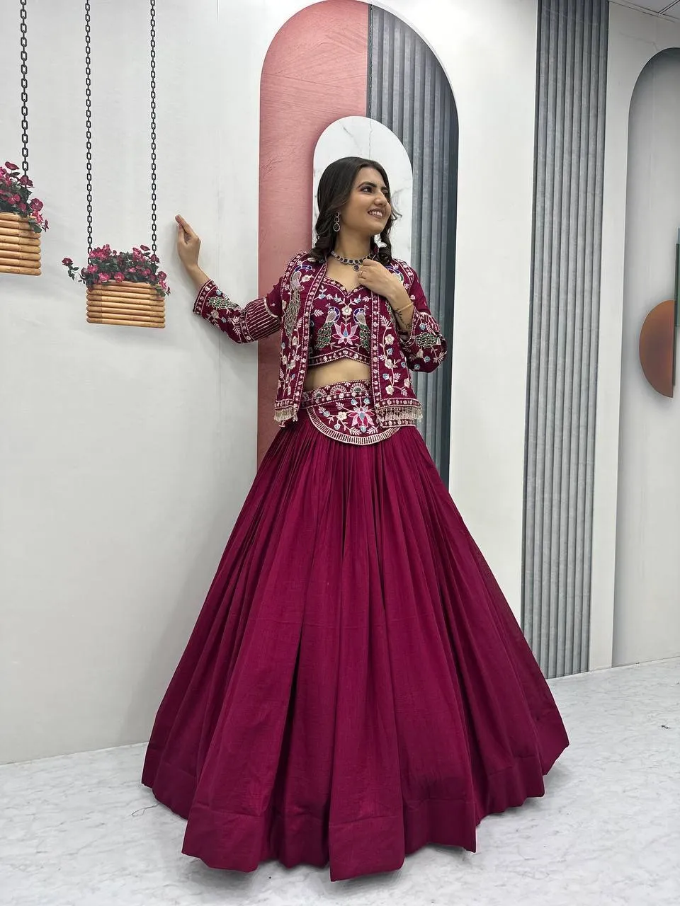 Red Color Jacket Lehenga Blouse Readymade