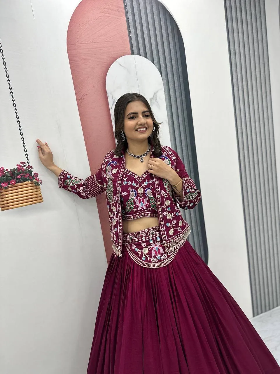 Red Color Jacket Lehenga Blouse Readymade