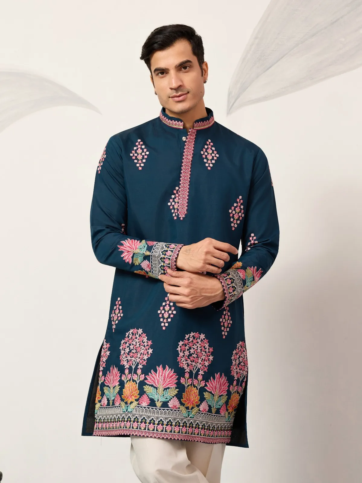 Navy Blue Functional Embroidery Men Kurta