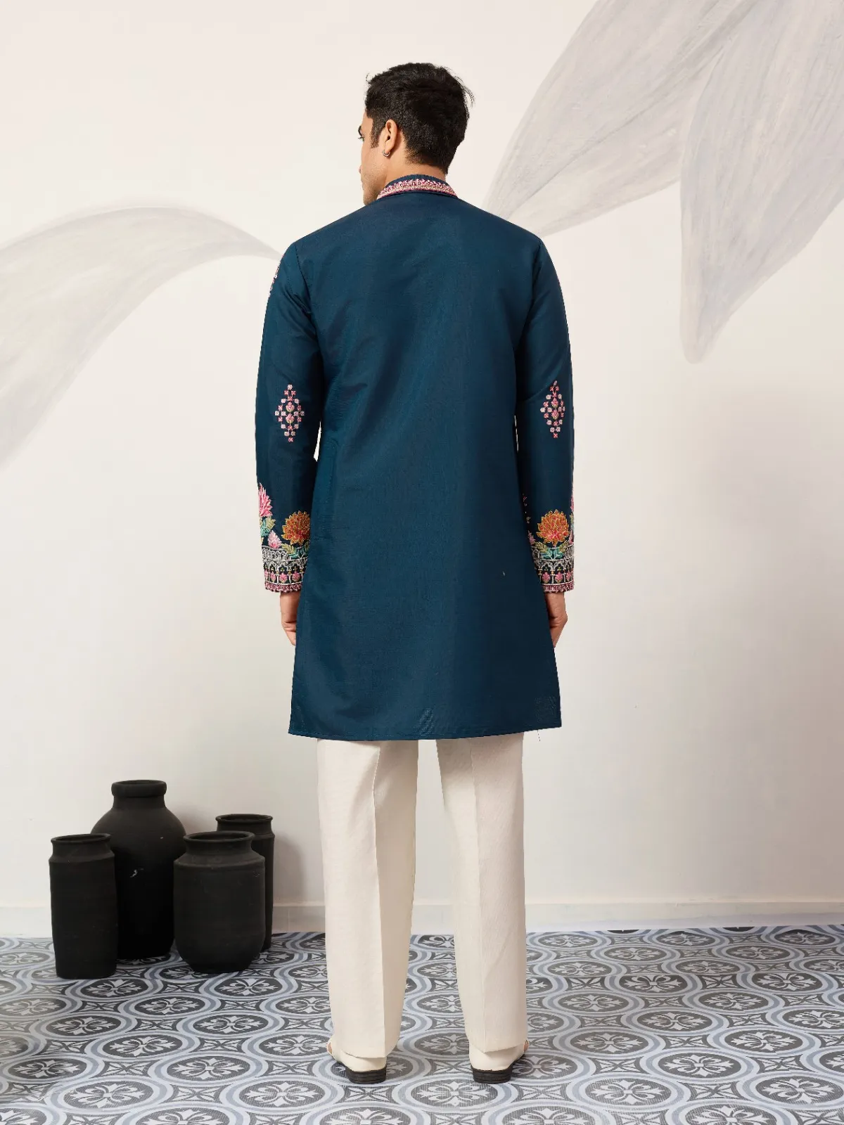 Navy Blue Functional Embroidery Men Kurta