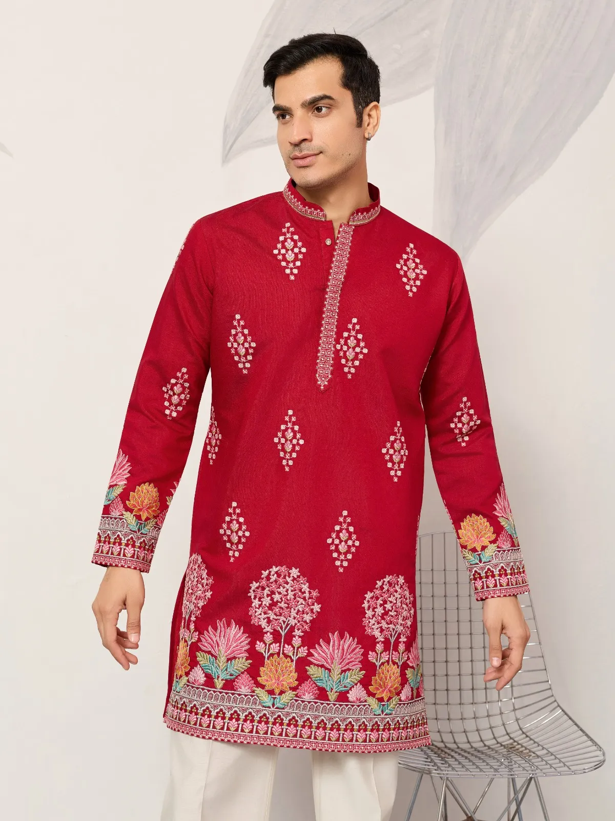 Red Embroidery Men Kurta